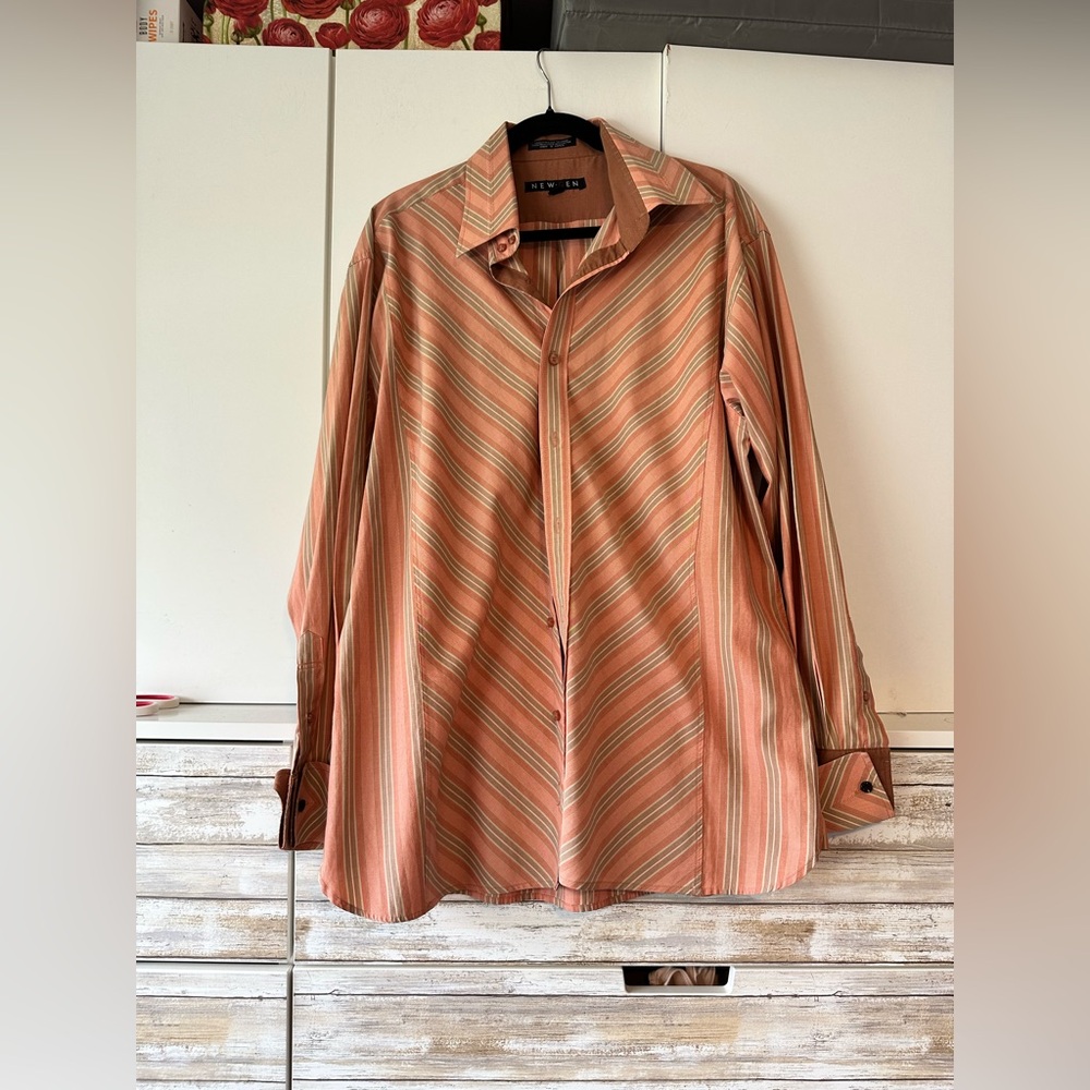 👔 New Gen Striped Button Down Shirt Mens L Peach Tan Dress Shirt